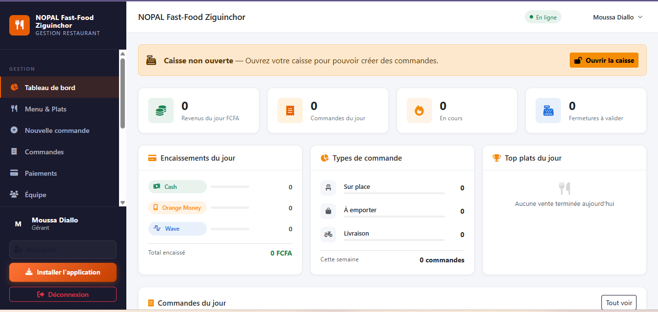 Tableau de bord de l'application NopalPro